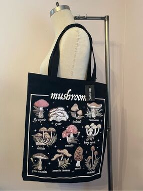 Mushroom Graphic Tote Bag - Black with Mushroom Prints